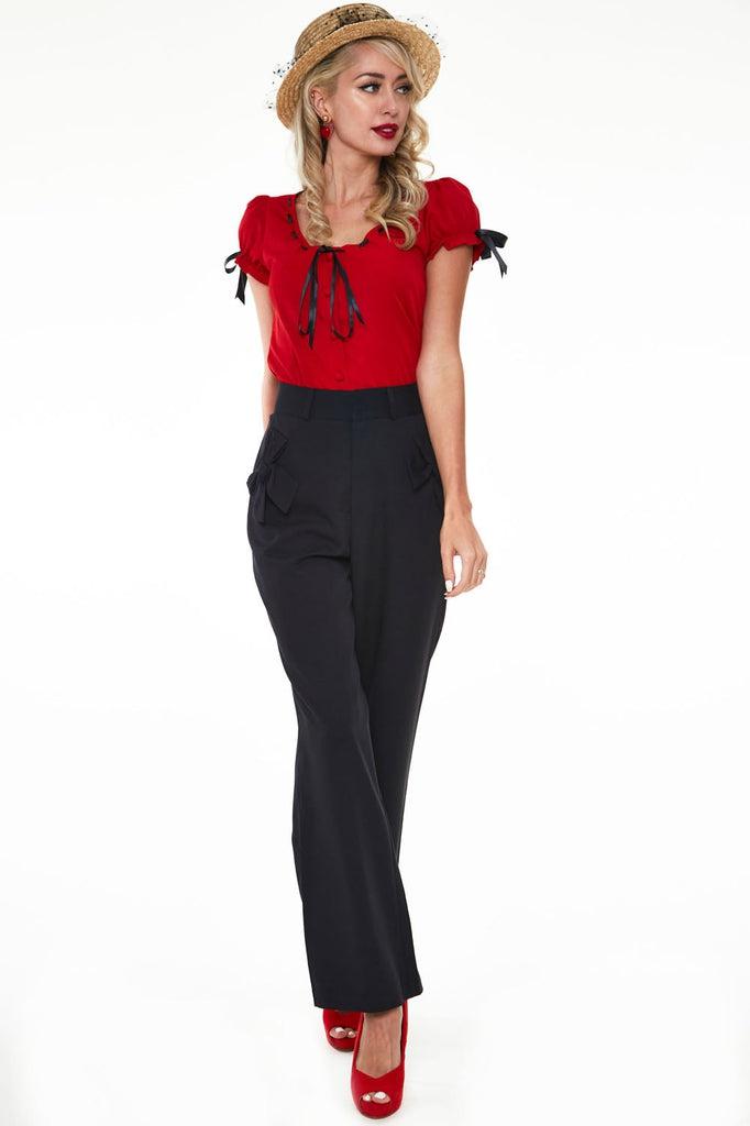 Bow Pocket Black Smart Trousers-Voodoo Vixen-Dark Fashion Clothing