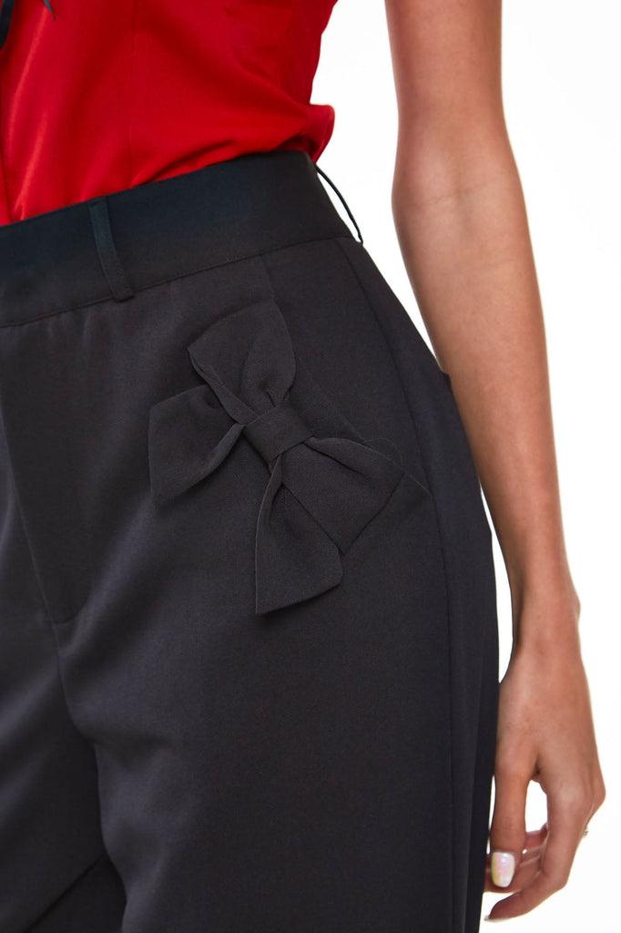 Bow Pocket Black Smart Trousers-Voodoo Vixen-Dark Fashion Clothing