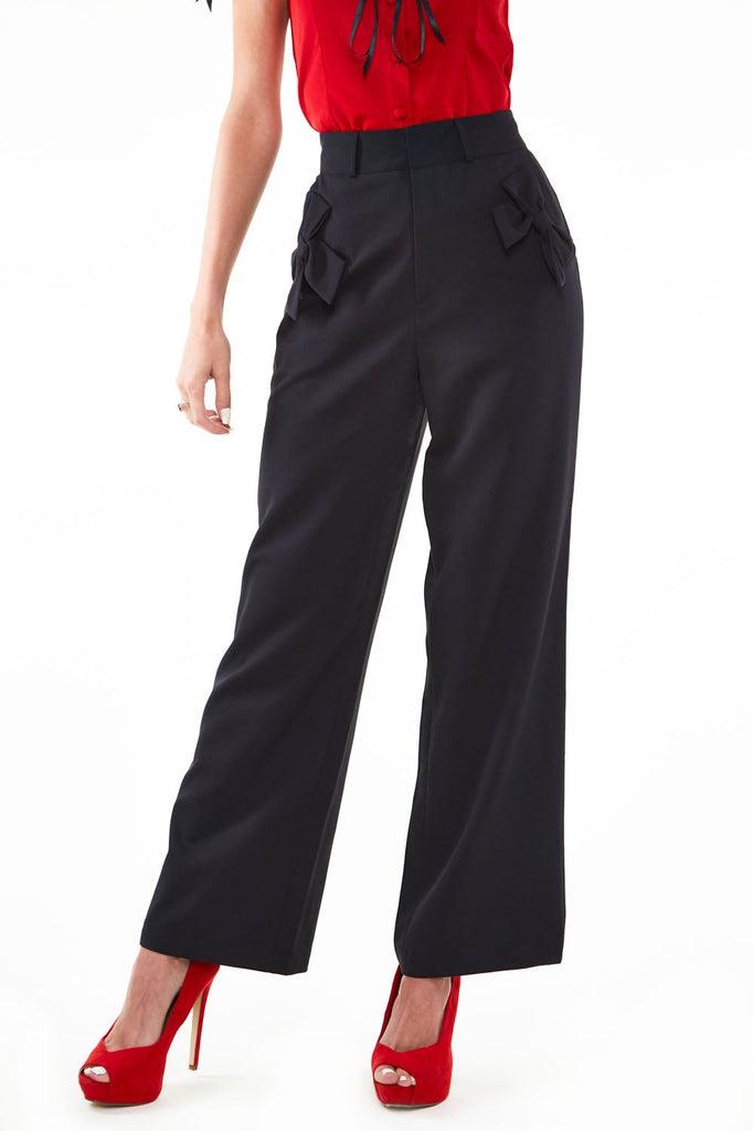 Bow Pocket Black Smart Trousers-Voodoo Vixen-Dark Fashion Clothing