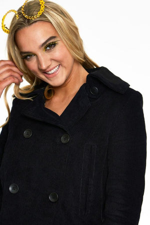 Cassia Caspian Sea Mid Length Corduroy Pea Coat-Voodoo Vixen-Dark Fashion Clothing