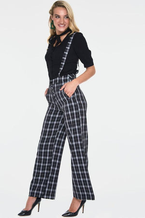 Cassie Checked Wide Leg Trousers With Braces-Voodoo Vixen-Dark Fashion Clothing