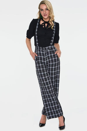 Cassie Checked Wide Leg Trousers With Braces-Voodoo Vixen-Dark Fashion Clothing