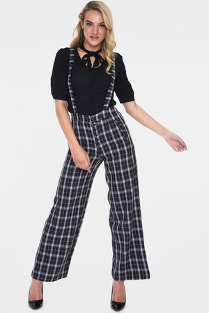 Cassie Checked Wide Leg Trousers With Braces-Voodoo Vixen-Dark Fashion Clothing