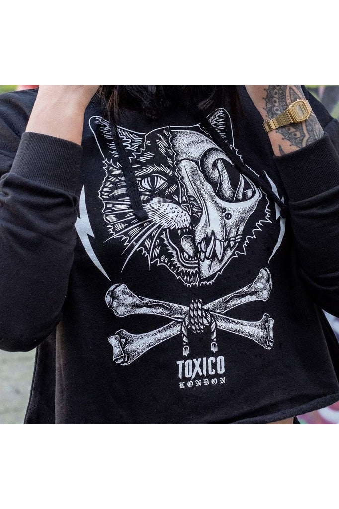 Cat Skull Cropped Pullover Hood-Toxico-Dark Fashion Clothing