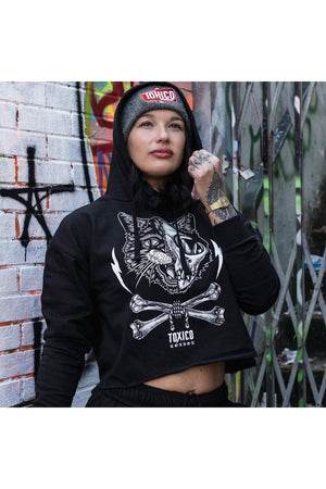 Cat Skull Cropped Pullover Hood-Toxico-Dark Fashion Clothing