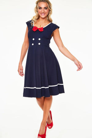 Catalina Red Bow Seaside Flare Dress-Voodoo Vixen-Dark Fashion Clothing
