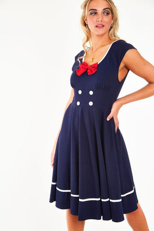 Catalina Red Bow Seaside Flare Dress-Voodoo Vixen-Dark Fashion Clothing