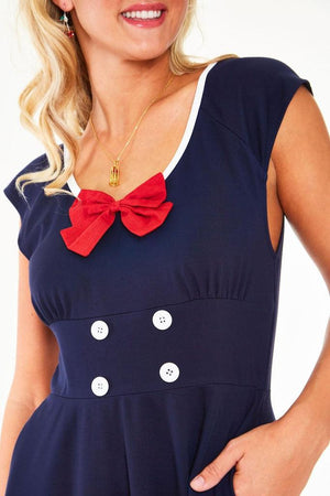 Catalina Red Bow Seaside Flare Dress-Voodoo Vixen-Dark Fashion Clothing
