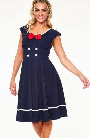 Catalina Red Bow Seaside Flare Dress-Voodoo Vixen-Dark Fashion Clothing