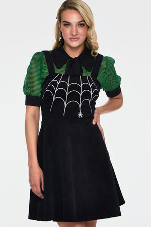 Charlotte Spider Web Embroidery Overall Corduroy Dress-Voodoo Vixen-Dark Fashion Clothing