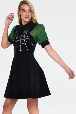 Charlotte Spider Web Embroidery Overall Corduroy Dress-Voodoo Vixen-Dark Fashion Clothing