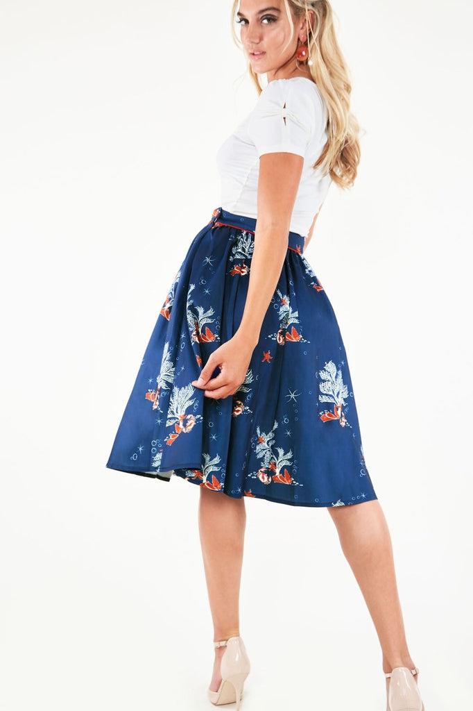 Colbie Flare Coral Print Skirt-Voodoo Vixen-Dark Fashion Clothing