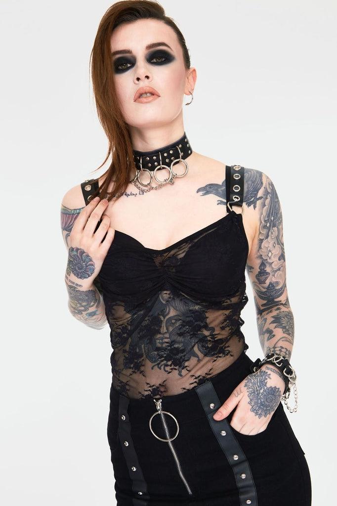 Contraband Sheer Black Lace Strap Top-Jawbreaker-Dark Fashion Clothing