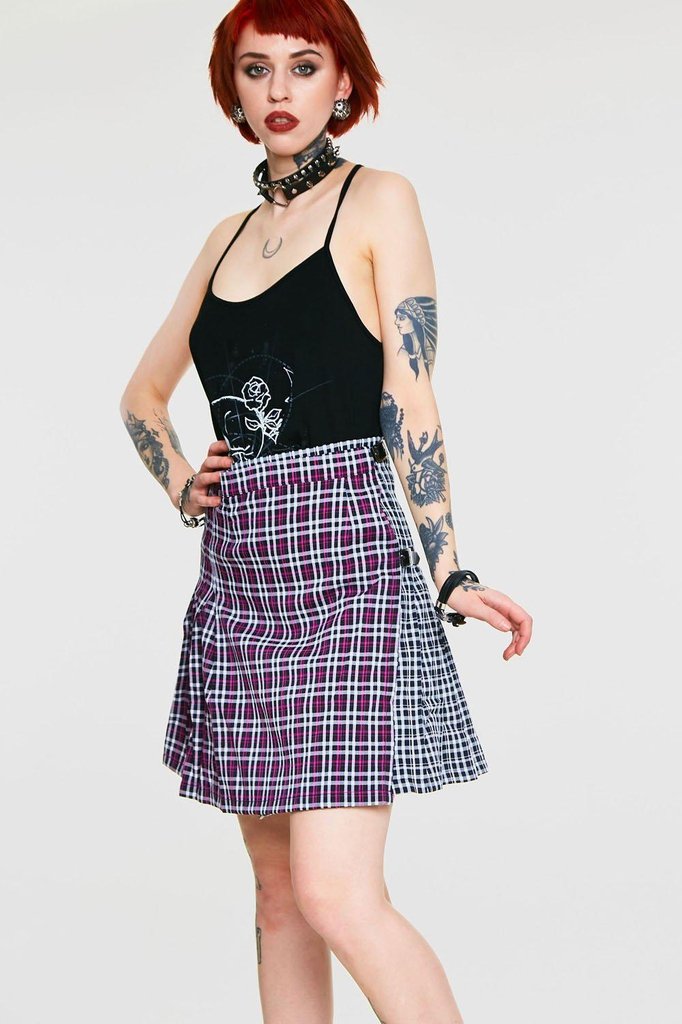 Contrast Check Buckled Mini-Kilt-Jawbreaker-Dark Fashion Clothing