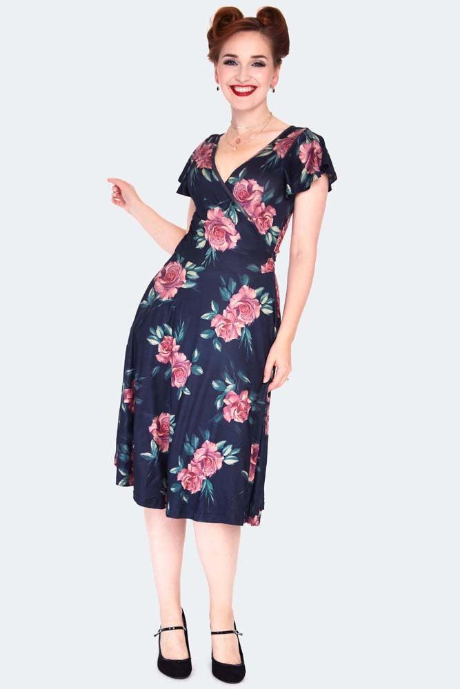 Dark Floral Flutter Sleeve Wrap Dress-Voodoo Vixen-Dark Fashion Clothing