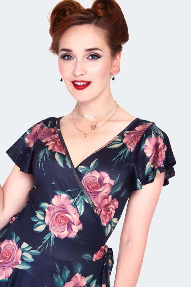 Dark Floral Flutter Sleeve Wrap Dress-Voodoo Vixen-Dark Fashion Clothing