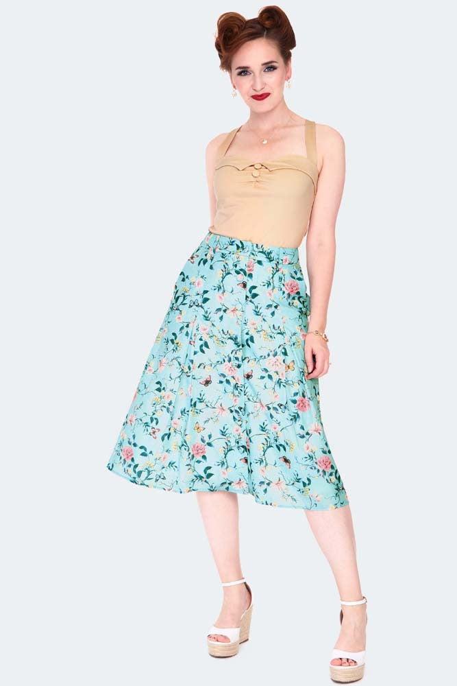 Ditsy Butterfly Print Button Front Midi Skirt-Voodoo Vixen-Dark Fashion Clothing