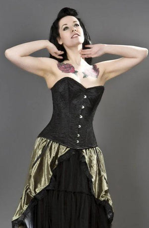 Elegant Overbust Steel Boned Corset In Black Satin & Spider Lace Overlay-Burleska-Dark Fashion Clothing