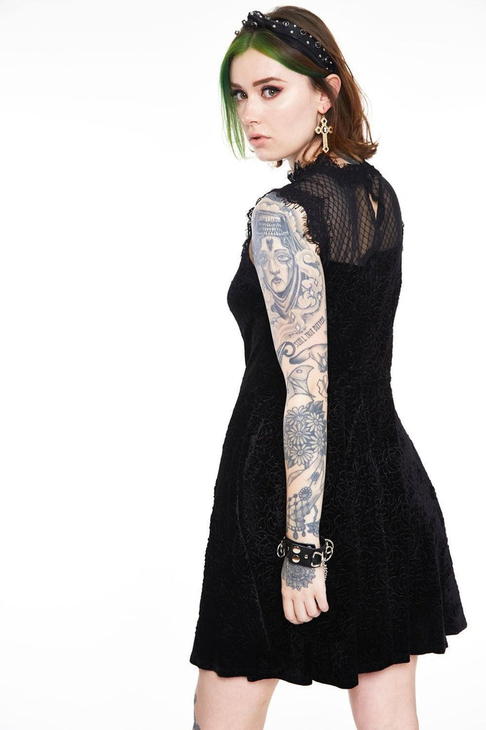 Embroidered Rose Velvet Skater Dress-Jawbreaker-Dark Fashion Clothing