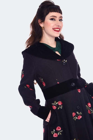 Flo Black & Red Floral Flocked Coat-Voodoo Vixen-Dark Fashion Clothing