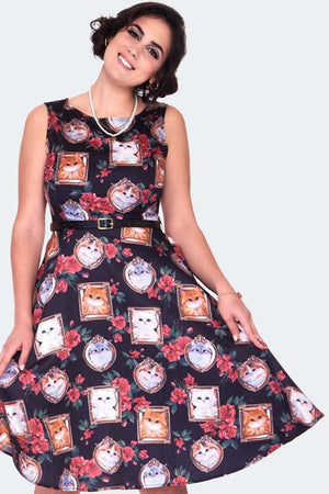 Framed Kitties Sleeveless Flare Dress-Voodoo Vixen-Dark Fashion Clothing