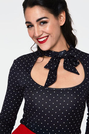 Gail Black Polka Dot Neck Tie Top-Voodoo Vixen-Dark Fashion Clothing