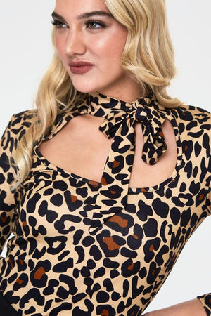 Gail Leopard Print Neck Tie Top-Voodoo Vixen-Dark Fashion Clothing
