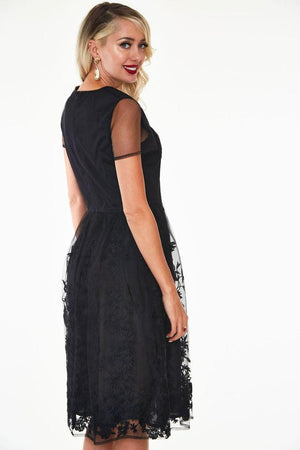 Glenda Black On Black Floral Embroidered Dress-Voodoo Vixen-Dark Fashion Clothing