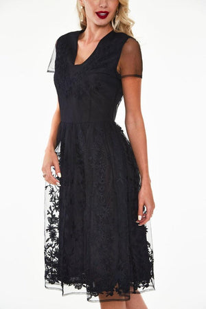 Glenda Black On Black Floral Embroidered Dress-Voodoo Vixen-Dark Fashion Clothing