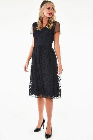 Glenda Black On Black Floral Embroidered Dress-Voodoo Vixen-Dark Fashion Clothing