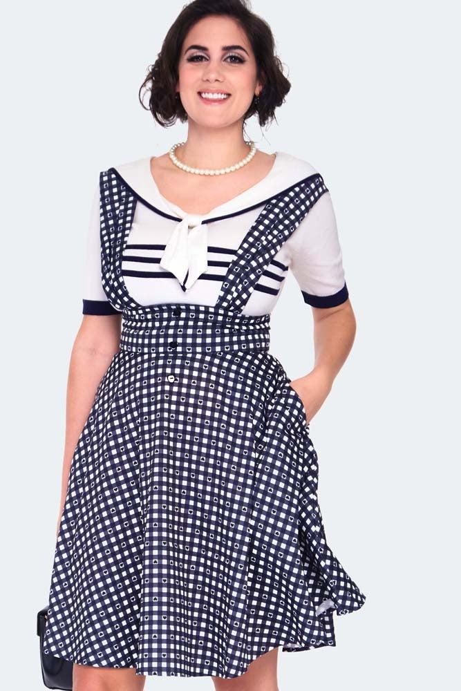 Heart Gingham Overall Flare Skirt-Voodoo Vixen-Dark Fashion Clothing