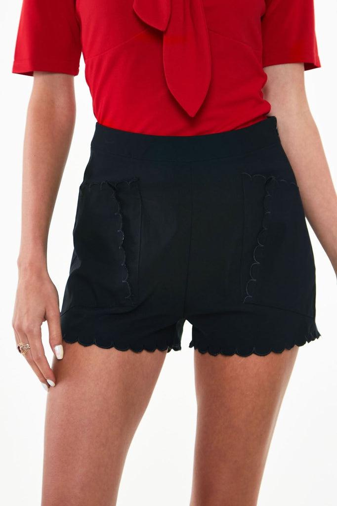 High Waisted Black Shorts With Embroidered Scallop Pocket Detail-Voodoo Vixen-Dark Fashion Clothing
