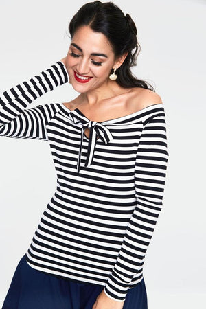 Houdini Black And White Striped Cosy Boatneck Top-Voodoo Vixen-Dark Fashion Clothing