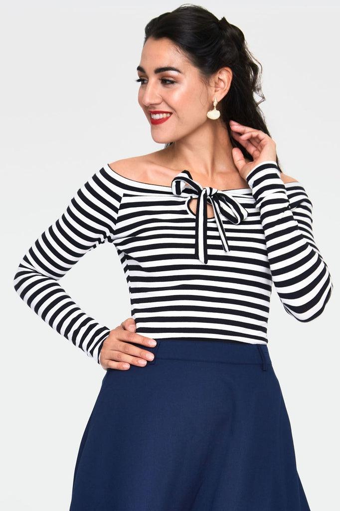 Houdini Black And White Striped Cosy Boatneck Top-Voodoo Vixen-Dark Fashion Clothing