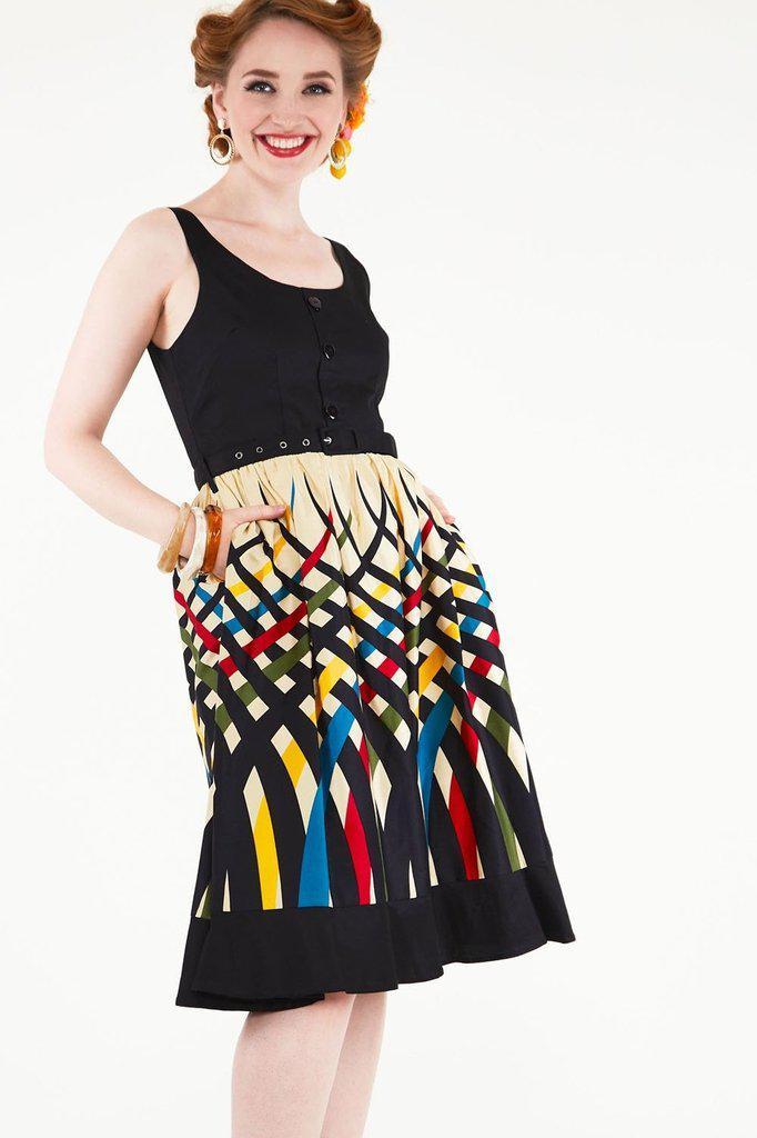 Jean Border Print Flared Dress-Voodoo Vixen-Dark Fashion Clothing