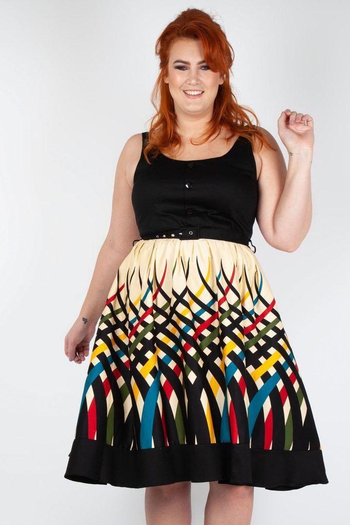 Jean Border Print Flared Dress-Voodoo Vixen-Dark Fashion Clothing