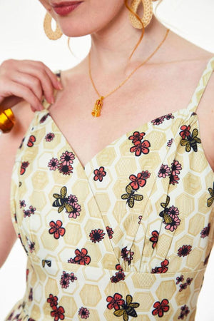 Julisa Honey Bee Print Flare Dress-Voodoo Vixen-Dark Fashion Clothing