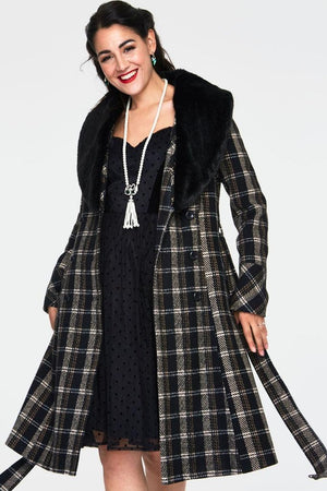 Kara Sea Double Breasted Plaid Dress Coat-Voodoo Vixen-Dark Fashion Clothing
