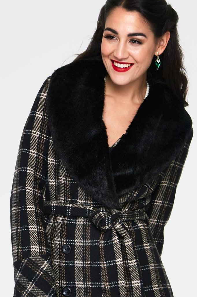 Kara Sea Double Breasted Plaid Dress Coat-Voodoo Vixen-Dark Fashion Clothing