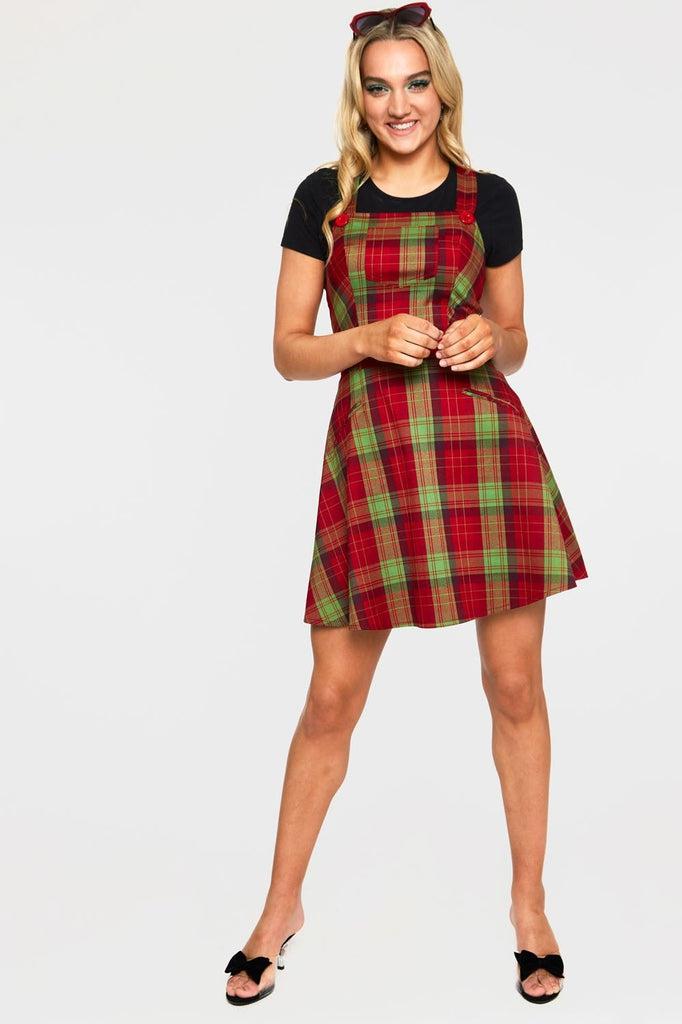 Katie 1970s Plaid Pattern Overall Dress-Voodoo Vixen-Dark Fashion Clothing