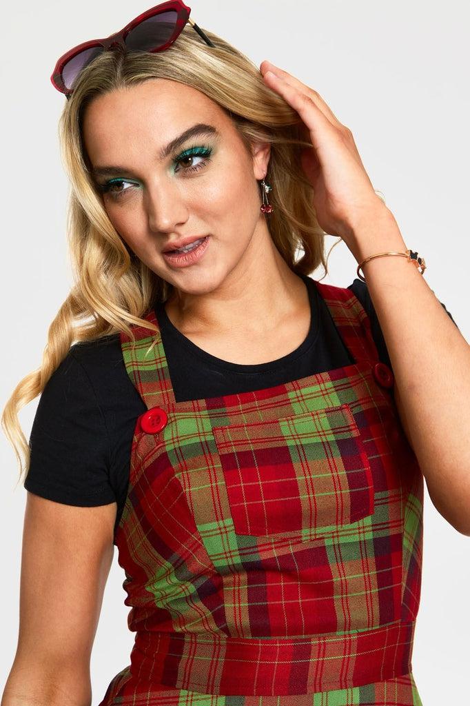 Katie 1970s Plaid Pattern Overall Dress-Voodoo Vixen-Dark Fashion Clothing