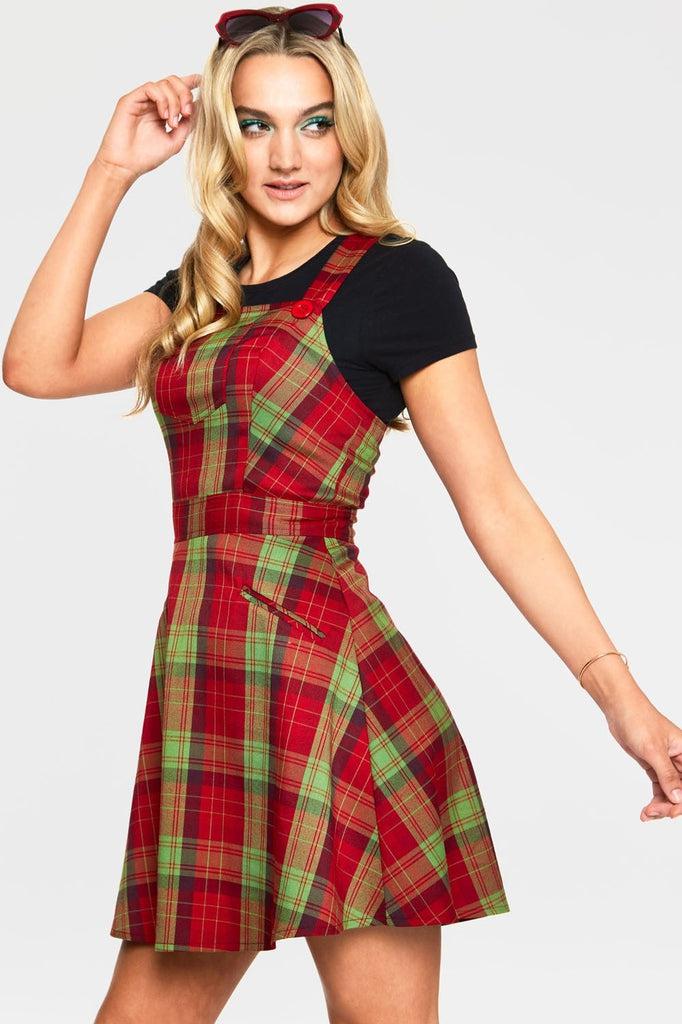 Katie 1970s Plaid Pattern Overall Dress-Voodoo Vixen-Dark Fashion Clothing