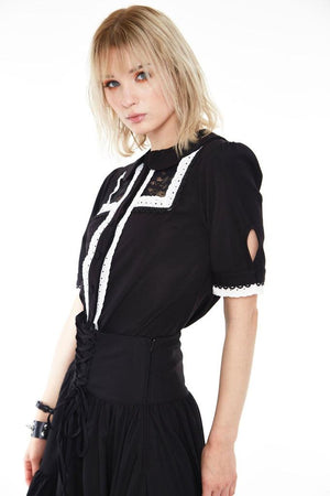 Lace And Trim Collared Button Up Top-Jawbreaker-Dark Fashion Clothing