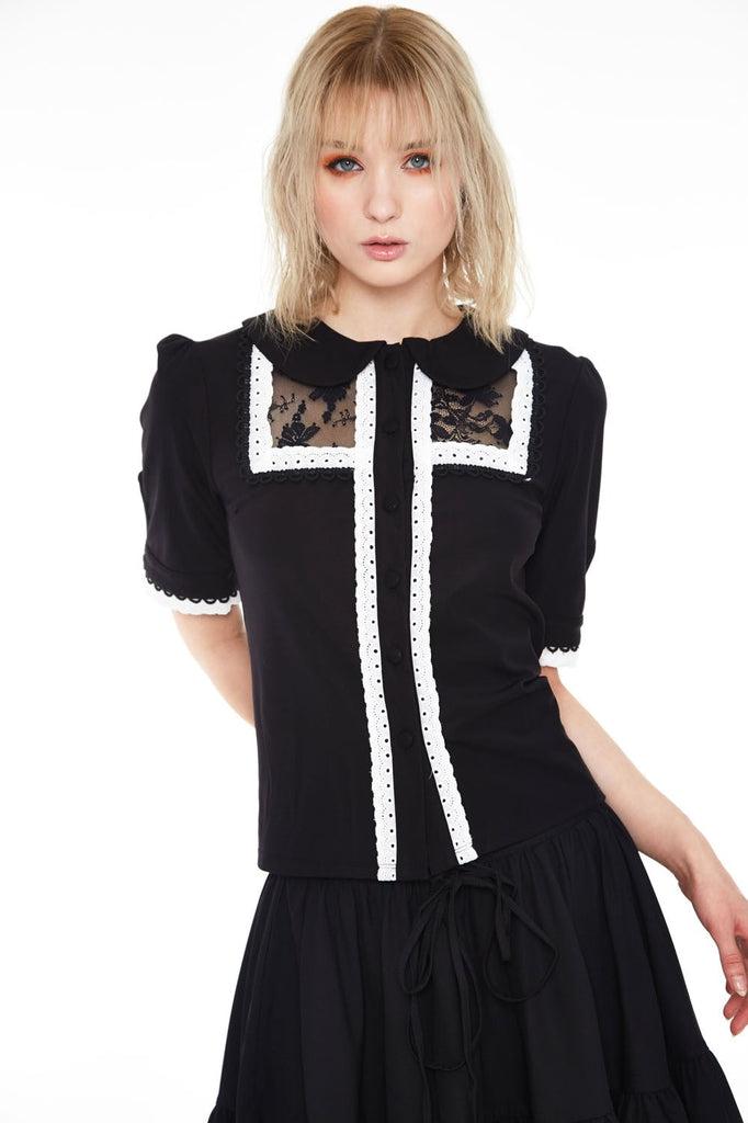 Lace And Trim Collared Button Up Top-Jawbreaker-Dark Fashion Clothing