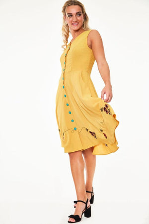 Mallory Honey Bee Embroidered Button-up Sleeve Dress-Voodoo Vixen-Dark Fashion Clothing