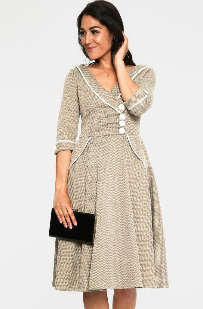 Marica 1950s Olive Herringbone Wide Collar Dress-Voodoo Vixen-Dark Fashion Clothing