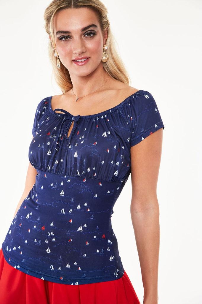 Marina Salt Boat Print Short Sleeve Top-Voodoo Vixen-Dark Fashion Clothing