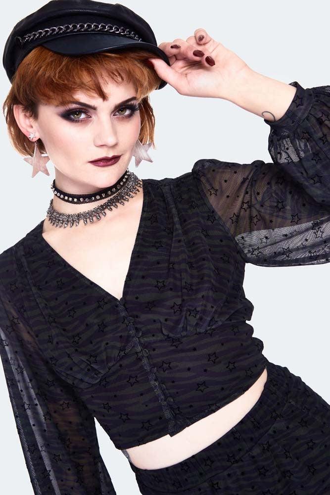 Mesh Green Zebra With Stars Long sleeve-Jawbreaker-Dark Fashion Clothing