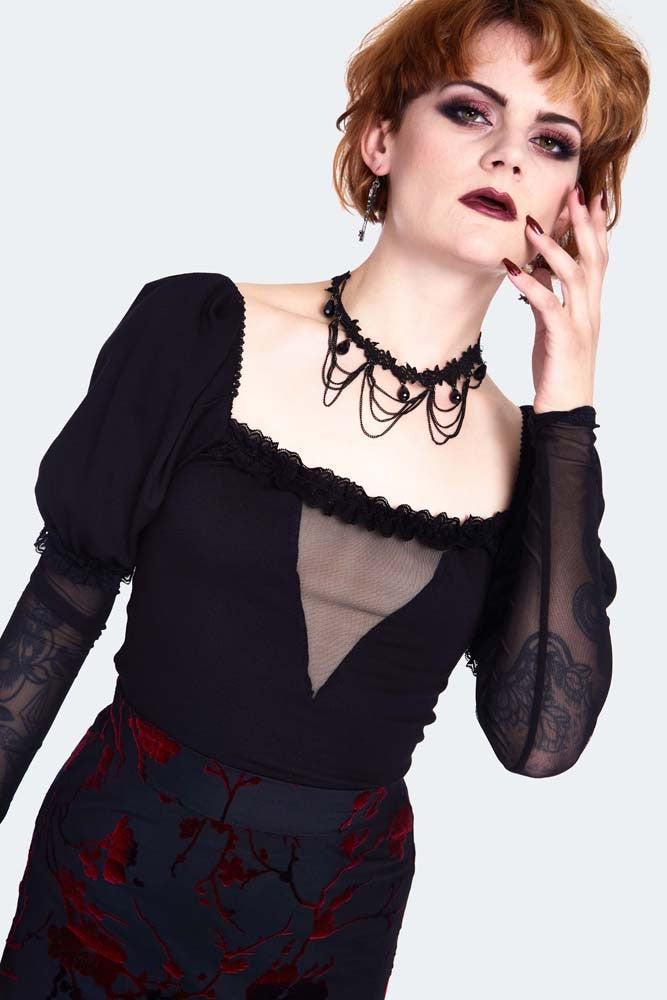 Mesh Panels Long Sleeve Top With Lace-Jawbreaker-Dark Fashion Clothing