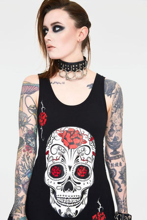 Mexican Skull And Roses Longline Sleeveless Top With Back Mesh-Jawbreaker-Dark Fashion Clothing